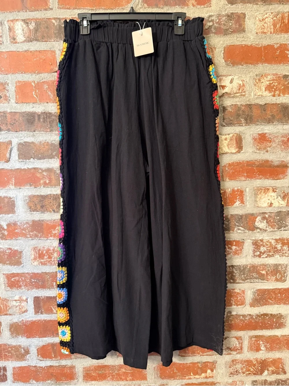P98 - BloomChic Black Wide Leg Pants with Multicolor Crochet Trim